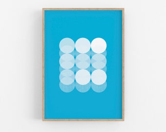 Impression d’art géométrique moderne et minimale du milieu du siècle. Une œuvre d’art bleue et blanche composée de cercles répétitifs. Art mural du salon. Affiche graphique.