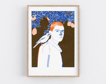 Two Colour Original Screenprint. Boy with a bird - Serigraph Print. Limited Edition Silkscreen Art.