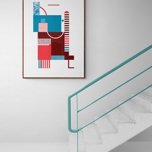 Impression dart de style Bauhaus en rouge et bleu. Art original. Art mural moderne et minimaliste du milieu du siècle. Oeuvre géométrique. image 4