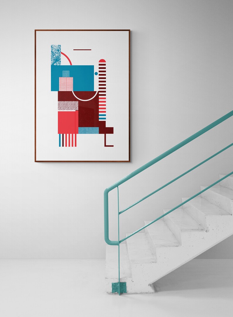 Bauhaus Style Art Print in red and blue. Original Art. Mid Century Modern, Minimalist Wall Art. Geometric artwork. image 4