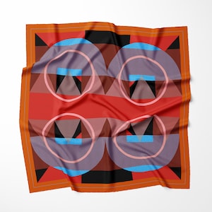 Original Silk Scarf in Red, Orange & Teal. - COMPOSITION 17 -  100% Silk Twill Scarf | Designer Scarf | Made in Italy | Autumn Fashion