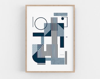 Bauhaus style monochrome original art.  Mid Century Modern - Minimalist Wall Art - Inky blue print. Large Artwork