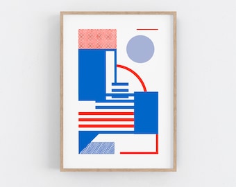 Sérigraphie bleue et rouge dans un style Bauhaus. Sérigraphie moderne géométrique du milieu du siècle, décor de bureau. Art mural minimaliste. Petits caractères