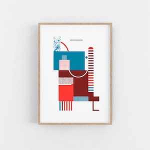 Bauhaus Style Art Print in red and blue. Original Art. Mid Century Modern, Minimalist Wall Art. Geometric artwork. image 1