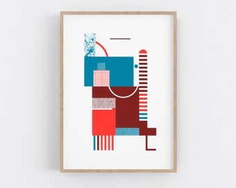 Bauhaus Style Art Print in red and blue. Original Art. Mid Century Modern, Minimalist Wall Art. Geometric artwork.