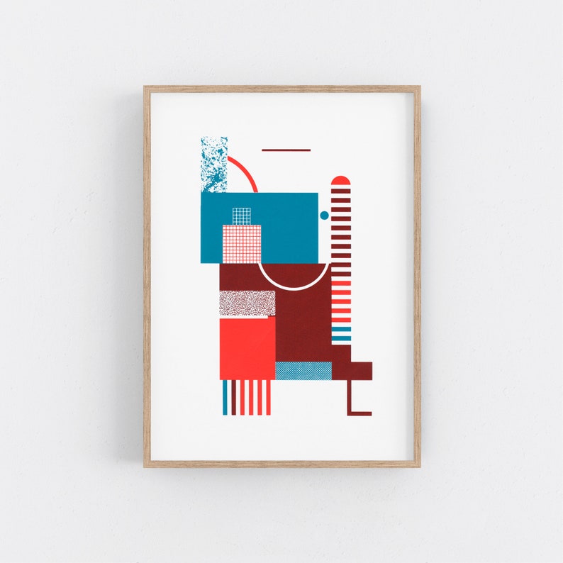Impression dart de style Bauhaus en rouge et bleu. Art original. Art mural moderne et minimaliste du milieu du siècle. Oeuvre géométrique. image 1