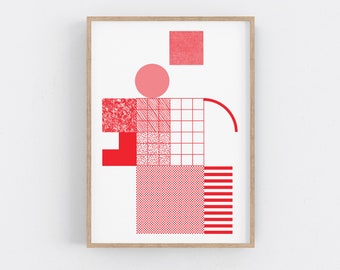 Rot Serigrafie. Siebdruck im Bauhaus-Stil. Minimalistische geometrische Wandkunst.
