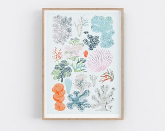 Coral & Sea Plant Art Print. Original Illustration.  Mid Century Modern, Office Decor - Minimalist Wall Art - Coral Collection Poster