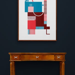 Bauhaus Style Art Print in red and blue. Original Art. Mid Century Modern, Minimalist Wall Art. Geometric artwork. image 6