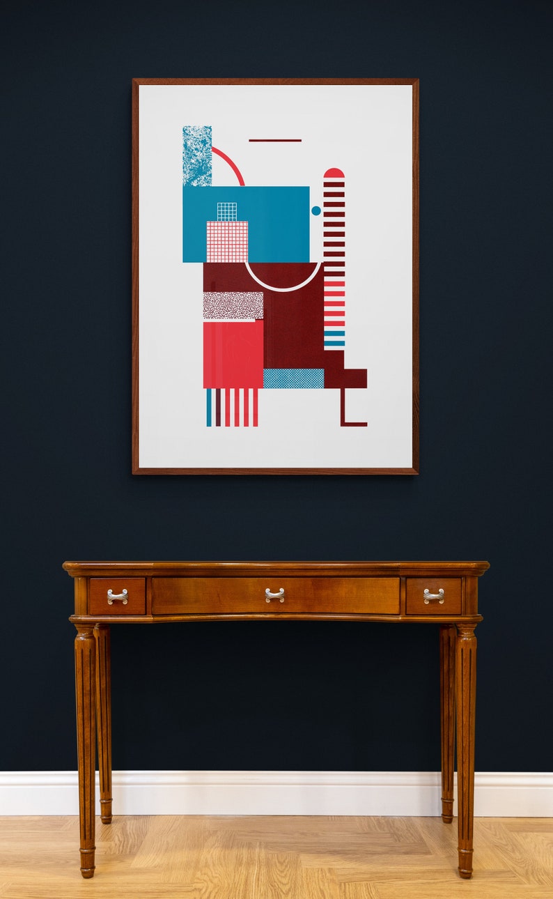 Bauhaus Style Art Print in red and blue. Original Art. Mid Century Modern, Minimalist Wall Art. Geometric artwork. image 6