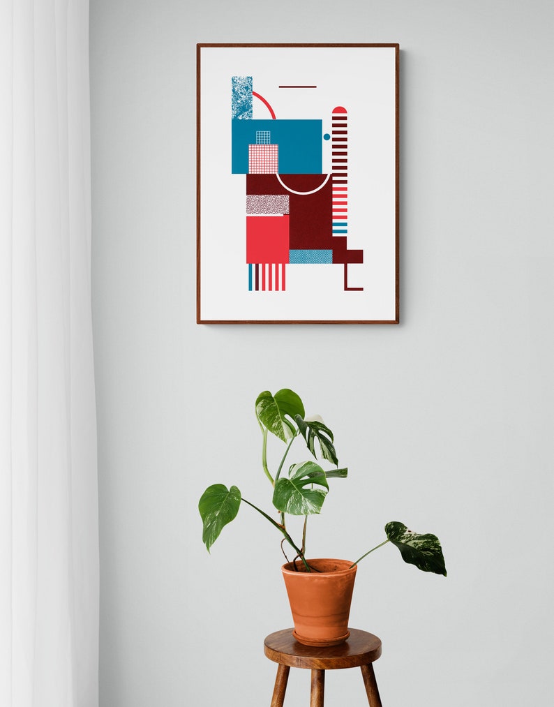 Impression dart de style Bauhaus en rouge et bleu. Art original. Art mural moderne et minimaliste du milieu du siècle. Oeuvre géométrique. image 3