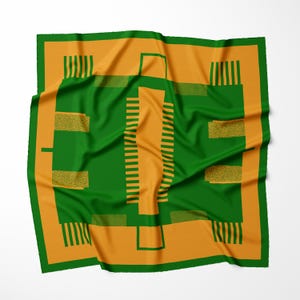 Geometric Silk Scarf  – Artist-Designed Bauhaus Print – 90x90 cm – Made in Italy – Gold & Green.