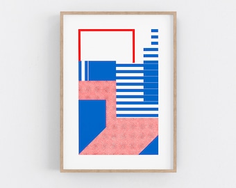 Blue and Red Serigraph. Bauhaus Print - Mid Century Modern Serigraph, Office Decor - Minimalist Wall Art - Small Print