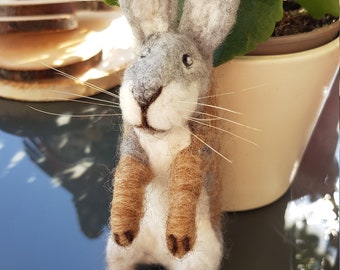 Felt Easter bunny (grey-white) on hind legs made of sheep wool handmade gift felt animals
