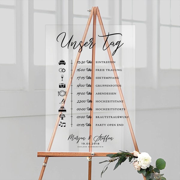 Ablaufplan zur Hochzeit personalisiert mit euren individuellen Programmpunkten aus Acrylglas, deutsche Beschriftung