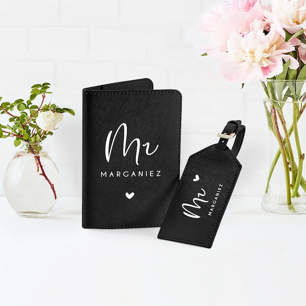 Reisepasshülle + Kofferanhänger Set "Mrs & Mr", Geschenk, Hochzeit, Brautpaar, Hochzeitsreise, personalisiert, Kunstleder, Schwarz