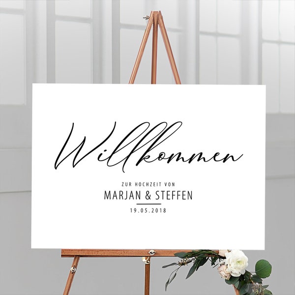 Willkommensschild zur Hochzeit "MSA" personalisiert mit Namen und Hochzeitsdatum aus weißen Acrylglas, deutsche Beschriftung