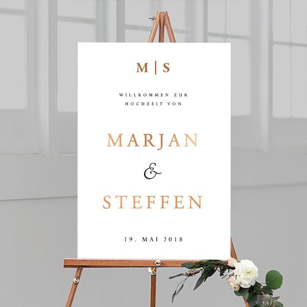 Welcome sign for the wedding "Modern" personalized with name and wedding date in white acrylic glass, portrait format