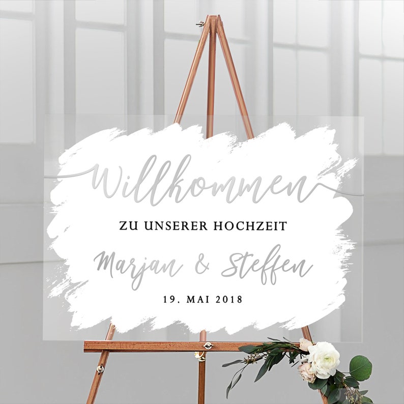 Willkommensschild zur Hochzeit personalisiert mit Namen und Datum aus Acrylglas mit weißem Hintergrund Classic, deutsche Beschriftung Bild 7