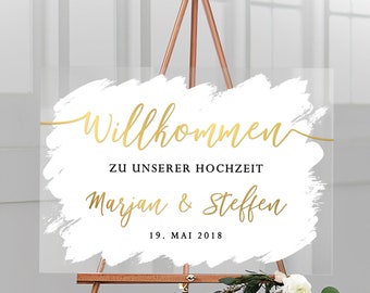 Willkommensschild zur Hochzeit personalisiert mit Namen und Datum aus Acrylglas mit weißem Hintergrund "Classic", deutsche Beschriftung