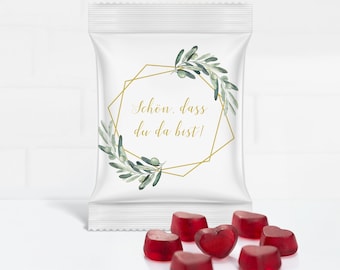 Gastgeschenk mit roten Fruchtgummi Herzen für die Hochzeit "Schön, dass Du da bist! "Olive Garden" - schon ab 0,99 Euro pro Stück!