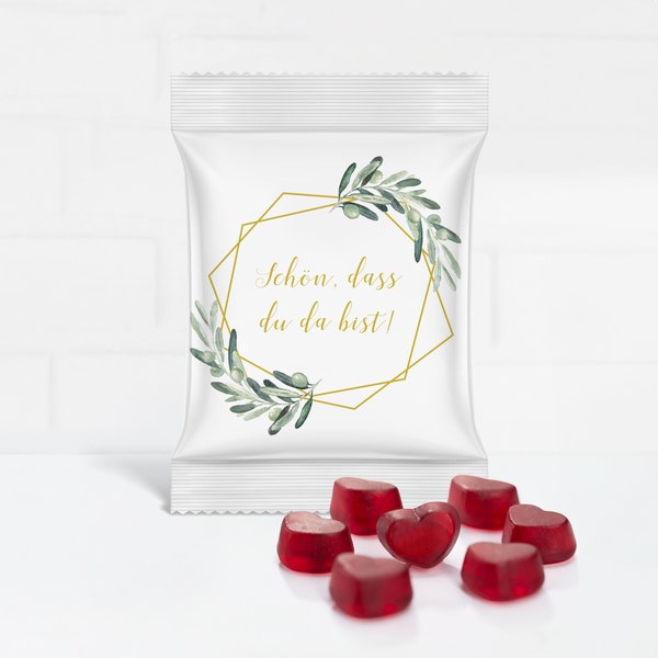 Cadeau d'invité avec des coeurs de gomme aux fruits rouges pour le mariage "C'est bien que tu sois là ! "Olive Garden" - à partir de seulement 0,99 euros par pièce !