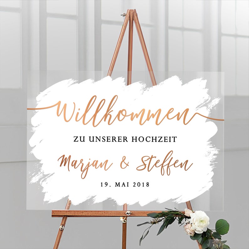 Willkommensschild zur Hochzeit personalisiert mit Namen und Datum aus Acrylglas mit weißem Hintergrund Classic, deutsche Beschriftung Bild 6