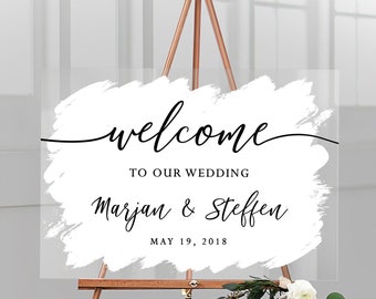Welcome sign for the wedding personalized with name and date in acrylic glass with white background "Classic", English lettering