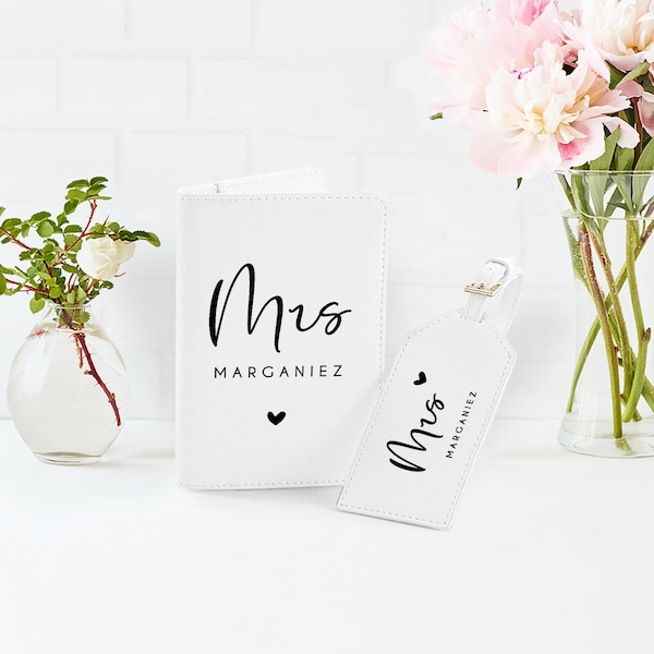 Reisepasshülle + Kofferanhänger Set "Mrs & Mr", Geschenk, Hochzeit, Brautpaar, Hochzeitsreise, personalisiert, Kunstleder, Weiss