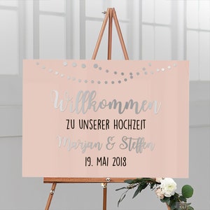 Welcome sign for the wedding personalized with name & date made of acrylic glass with apricot background garland, German lettering image 8