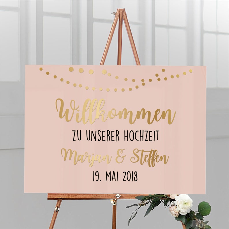 Welcome sign for the wedding personalized with name & date made of acrylic glass with apricot background garland, German lettering image 4