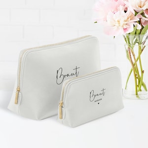 Kosmetiktasche / Beauty Bag für Braut, Brautjungfern, Trauzeugin, Bridesmaid, Maid of Honor, Geschenk personalisiert, Kunstleder, Hellgrau