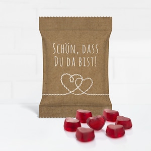 Guest gift with original HARIBO red fruit gum hearts for the wedding "It's nice that you're here! "Rustic Hearts"