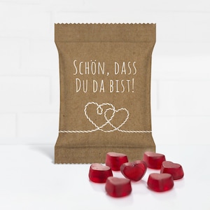 Recuerdo de boda con originales corazones de goma de frutos rojos HARIBO "¡Qué bueno que estés aquí! Corazones rústicos".