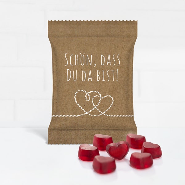 Gastgeschenk mit Original HARIBO roten Fruchtgummi Herzen für die Hochzeit "Schön, dass Du da bist! "Rustic Hearts"