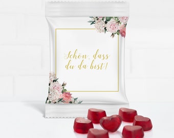 Gastgeschenk mit Original HARIBO roten Fruchtgummi Herzen für die Hochzeit "Schön, dass Du da bist! "Vintage Rose"