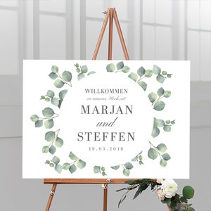 Willkommensschild zur Hochzeit personalisiert mit Namen und Hochzeitsdatum aus weißen Acrylglas, &quot;Eukalyptus Love&quot;