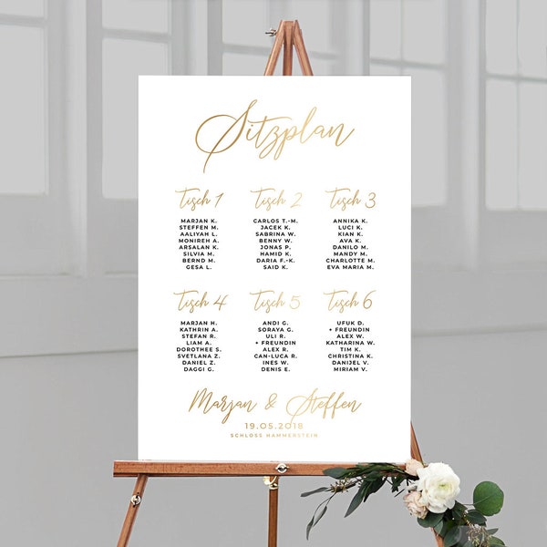 Seating plan for the wedding personalized with your desired name made of white acrylic glass, portrait format