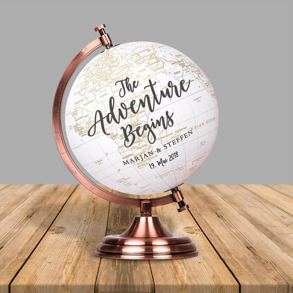 Guest book globe / globe "The Adventure Begins" personalized for the wedding, white / rose gold