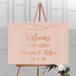 Welcome sign for the wedding personalized with name & date made of acrylic glass with apricot background garland, German lettering image 6