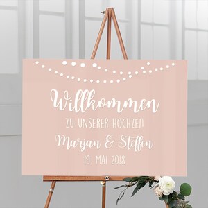 Welcome sign for the wedding personalized with name & date made of acrylic glass with apricot background garland, German lettering Weiss