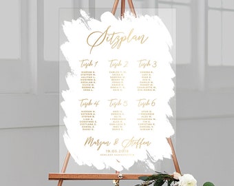 Plan de table de mariage personnalisé avec le nom de votre choix en verre acrylique avec fond blanc, format portrait