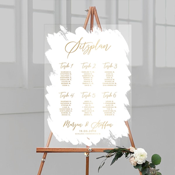 Wedding seating plan personalized with your desired name made of acrylic glass with a white background, portrait format