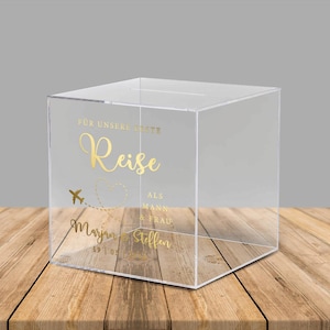 Caixa de acrílico para presentes em dinheiro e cartões de casamento "Para a nossa primeira viagem", letras alemãs, personalizadas - sem cadeado