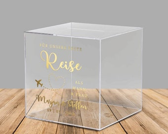 Acrylbox für Geldgeschenke und Karten zur Hochzeit "Für unsere erste Reise", deutsche Beschriftung, personalisiert - ohne Schloss