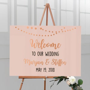 Welcome sign for the wedding personalized with name & date made of acrylic glass with apricot background garland, German lettering image 7