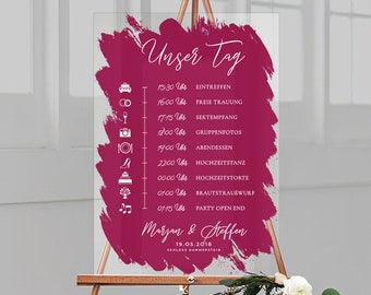 Ablaufplan zur Hochzeit personalisiert mit euren ind. Programmpunkten aus Acrylglas mit farbigem Hintergrund & weißer Schrift, Hochformat