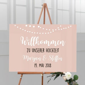 Welcome sign for the wedding personalized with name & date made of acrylic glass with apricot background garland, German lettering Weiss-Schwarz