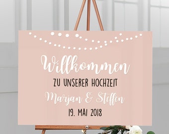 Welcome sign for the wedding personalized with name & date made of acrylic glass with apricot background "garland", German lettering