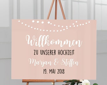 Willkommensschild zur Hochzeit personalisiert mit Namen & Datum aus Acrylglas mit Apricot Hintergrund "Girlande", deutsche Beschriftung